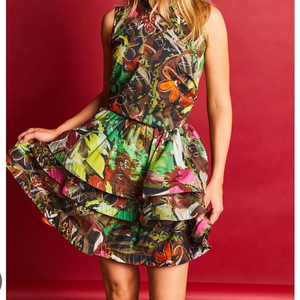 NEW Buru Teagan Woven Floral High Rise Tiered Ruffle Mini A-Line Skirt Size L